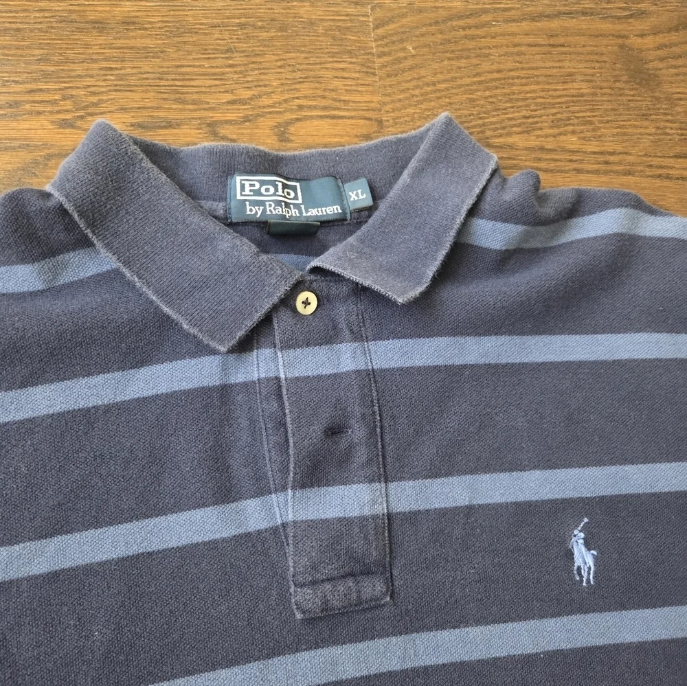 Ralph Lauren Men's Navy and Light Blue Striped Polo Shirt Sz.XL